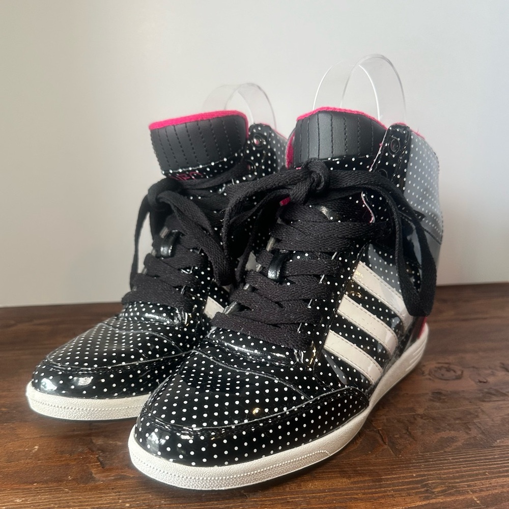 adidas Black White Polka Dot High-Top Sneakers with Pink Trim - Picture 1 of 9